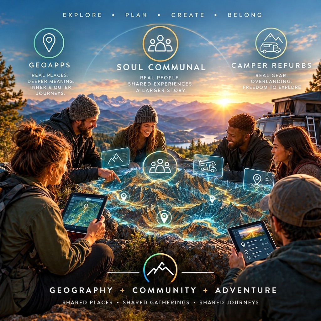 A group of friends in moutain landscape, surveyin the land using geoapps.
